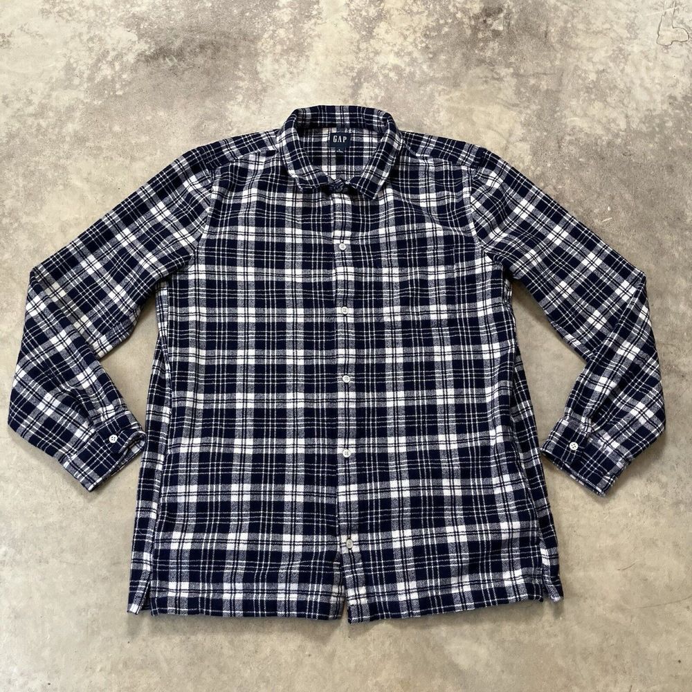 Gap Shirt Mens Large Herringbone Plaid Navy Flannel Button Down Pockets Outdoor